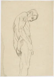 Stehender Mann nach rechts mit gesenktem Kopf